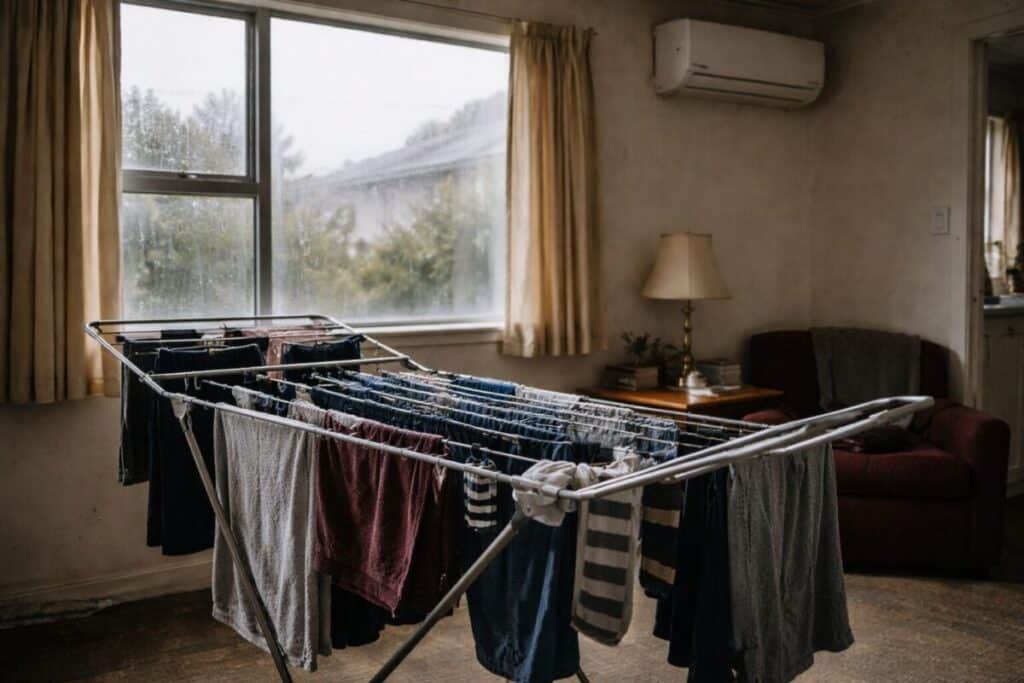 clothes drying indoors adding moisture in a New Zealand home
