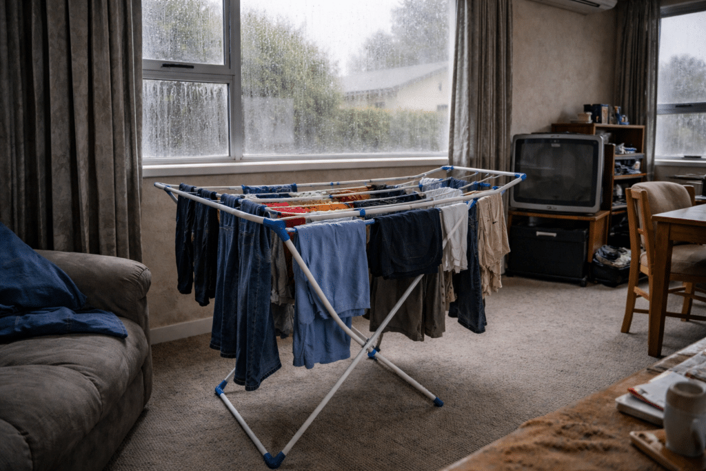 clothes drying indoors adding moisture in a New Zealand home