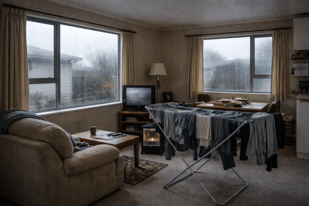 indoor laundry adding moisture in a NZ living room