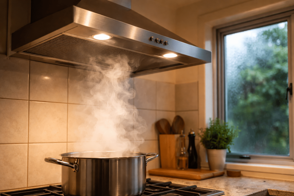 rangehood capturing cooking steam in a New Zealand kitchen