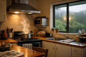 steam rising from cooking in a New Zealand kitchen with window condensation