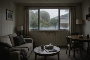 moisture marks on an interior wall beneath a window in a NZ home