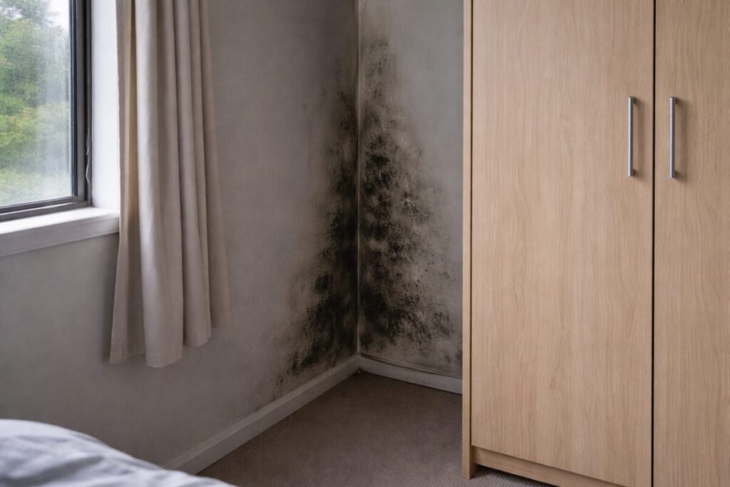 mould revealed behind wardrobe on exterior wall in NZ bedroom