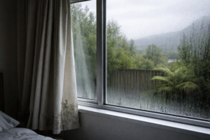 mould spots on curtain near condensation-fogged window in NZ home