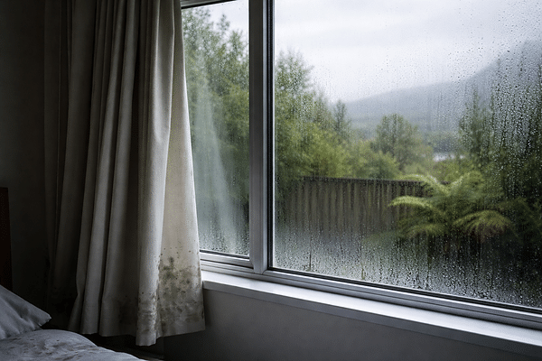 mould spots on curtain near condensation-fogged window in NZ home
