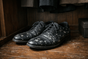 mould spots on leather shoes inside a wardrobe in NZ home