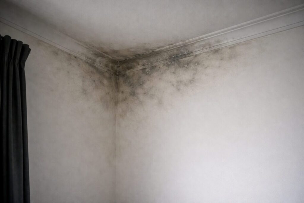 mould regrowing on cleaned wall corner in a New Zealand home