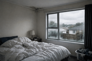 mould and condensation in NZ rental bedroom near aluminium window