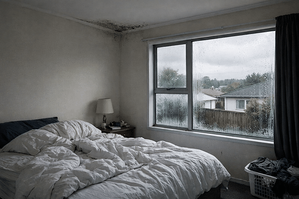 mould and condensation in NZ rental bedroom near aluminium window