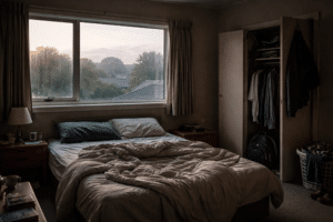 musty New Zealand bedroom with condensation on window at dawn