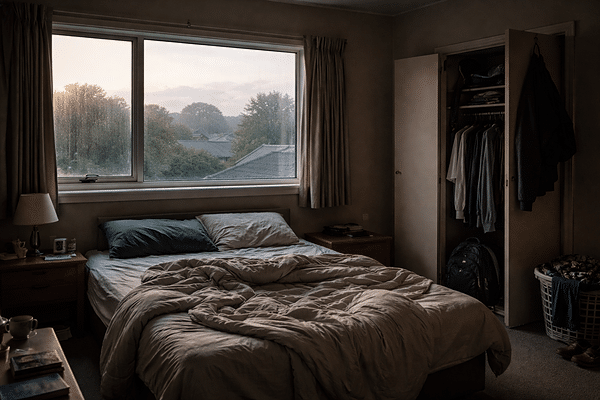 musty New Zealand bedroom with condensation on window at dawn