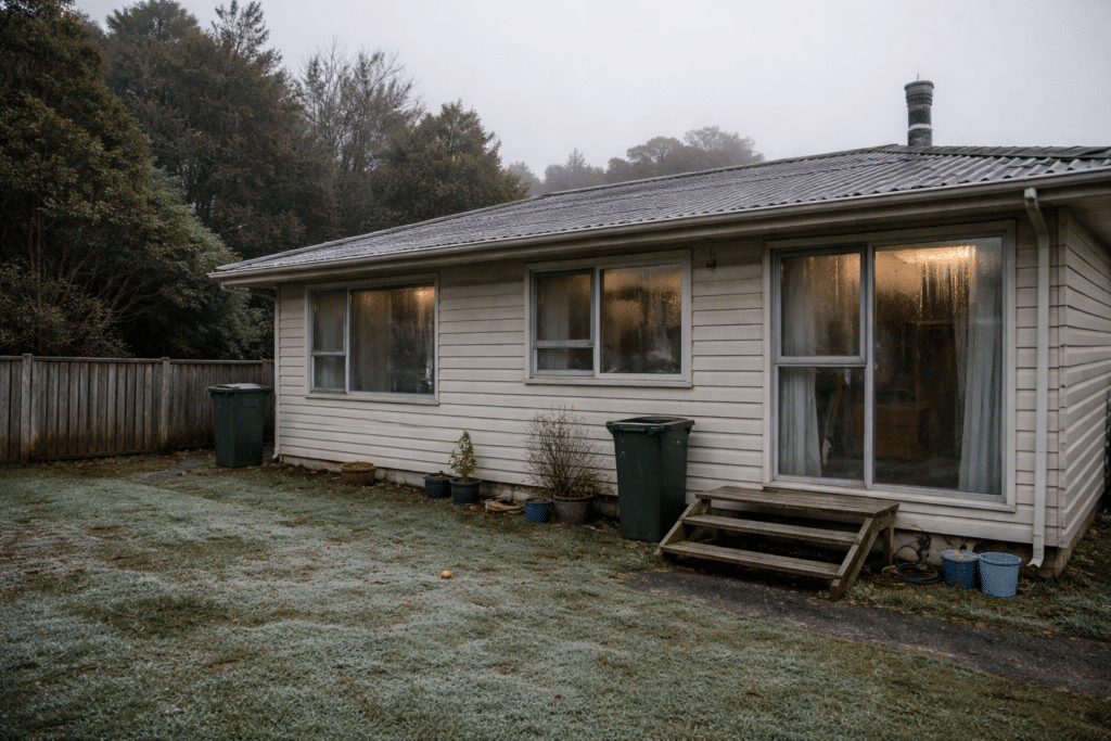 New Zealand home exterior on a damp winter morning with window condensation