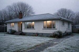 New Zealand home on a frosty winter morning with condensation on windows