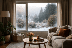 New Zealand living room with double-glazed window and light frame condensation