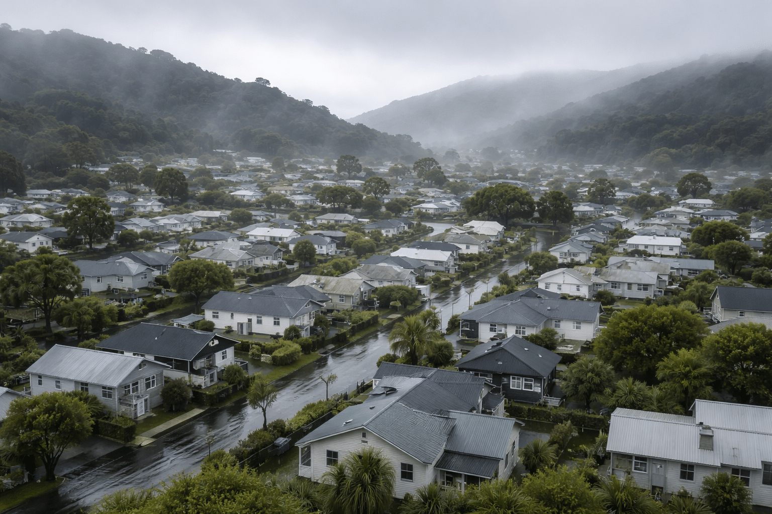 New Zealand suburban homes in a damp coastal region on a grey morning