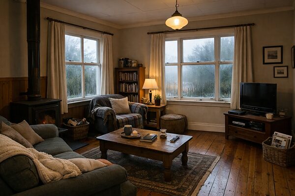 Condensation on windows in an old NZ villa living room