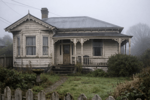 classic New Zealand weatherboard villa on a damp winter morning