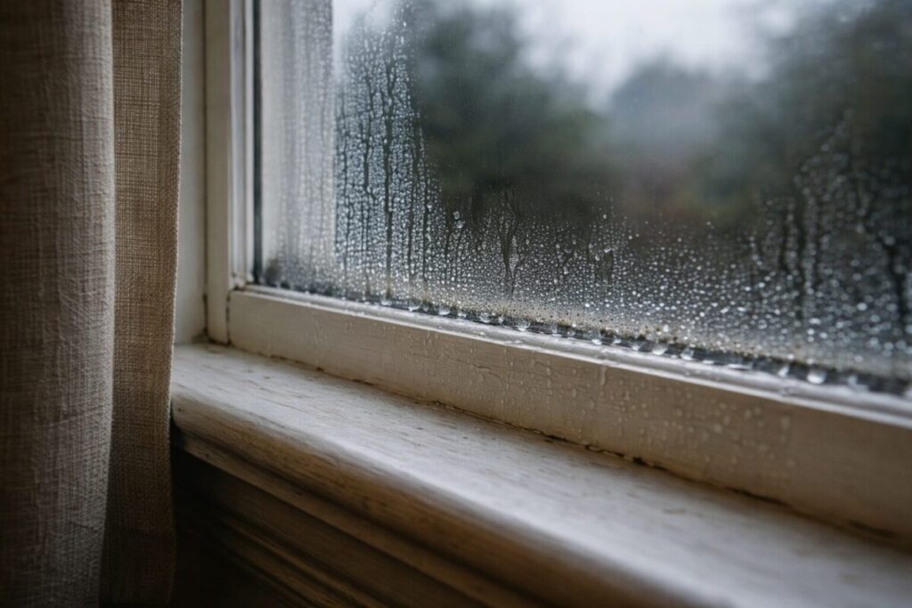 condensation on single glazed window in old NZ villa