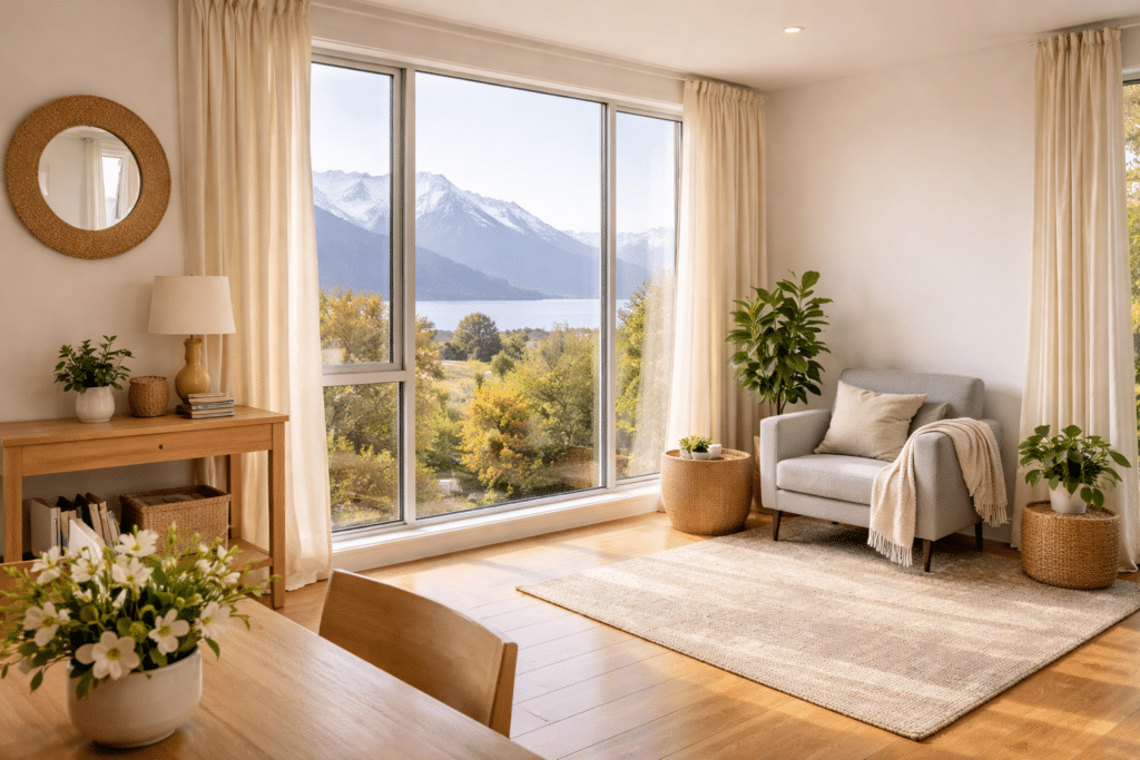 NZ home with curtains open and dry windows on a fresh morning