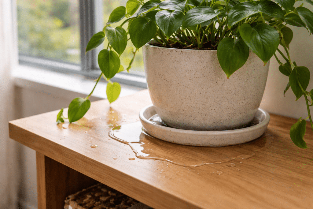 overwatered indoor plant with full saucer in NZ home