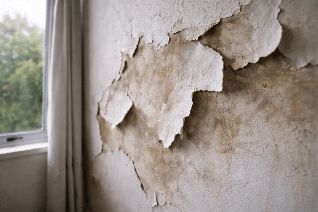 close-up of peeling paint on damp exterior wall in NZ home