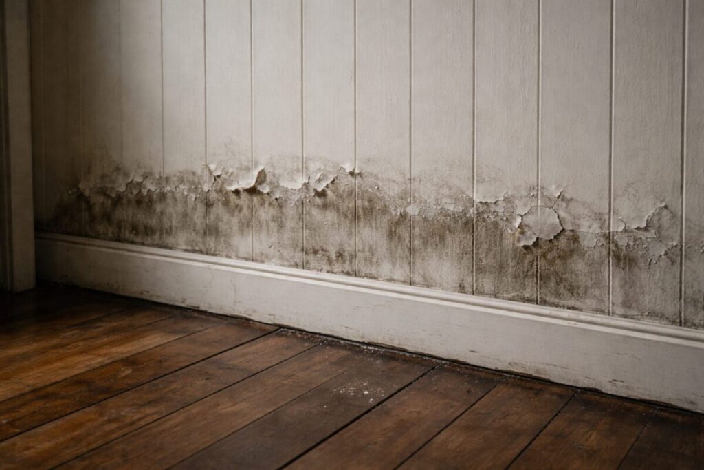 rising damp tide mark on lower wall of an older New Zealand home