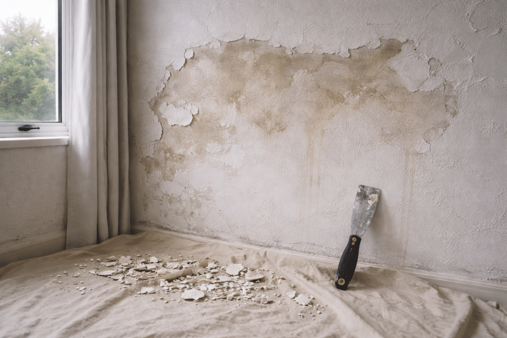 scraped wall prepared for repainting after moisture damage in NZ home