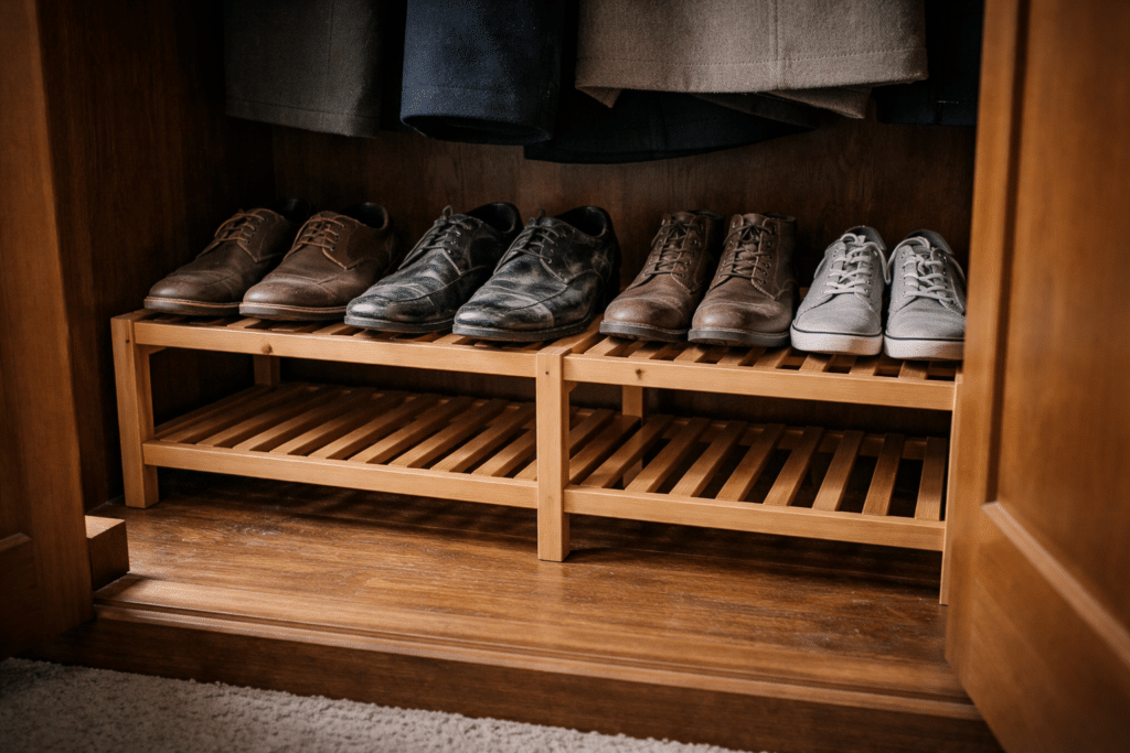 shoe rack raising shoes off wardrobe floor for airflow in NZ home