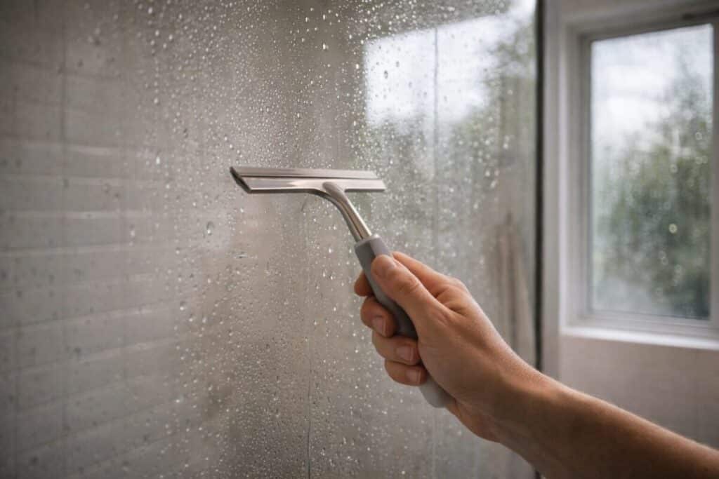 wiping down shower glass to reduce moisture in NZ bathroom