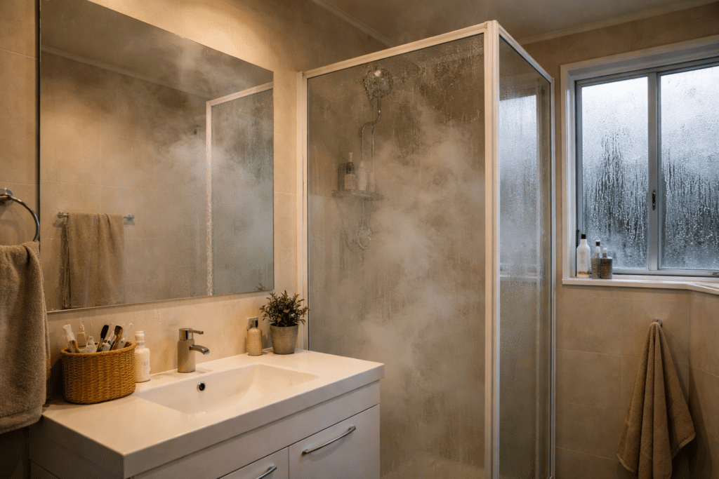 steam and moisture from a hot shower in NZ bathroom