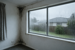 NZ home interior showing condensation on window and damp wall corners