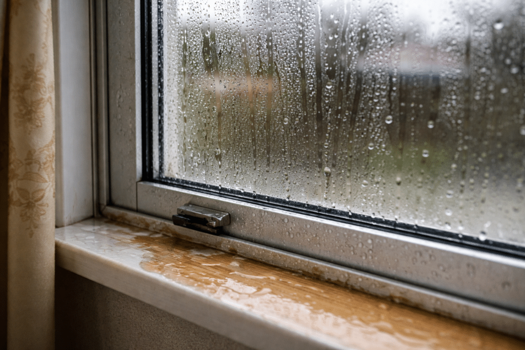 heavy condensation on single-glazed aluminium window in NZ home
