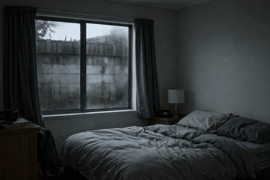 cold south-facing bedroom with dim light and window moisture in NZ home