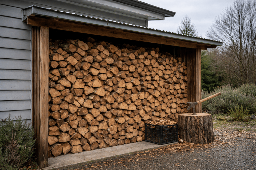 well-seasoned dry firewood stacked in a shed beside NZ home