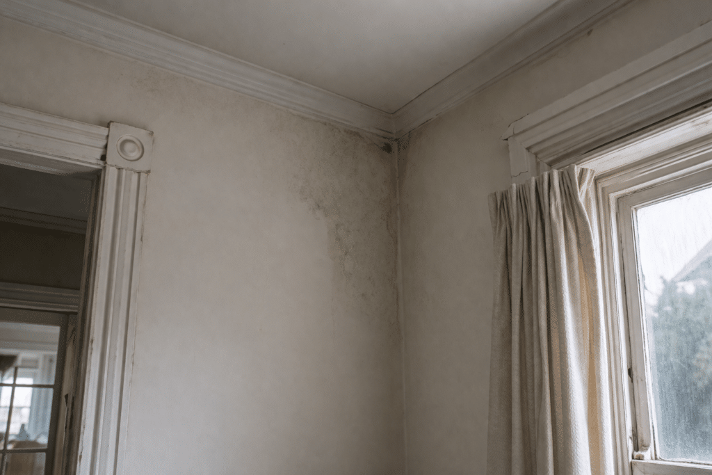 damp patch on cold interior wall of NZ villa in winter