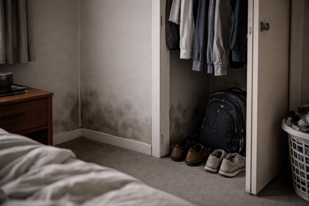 wardrobe pulled from cold bedroom wall in New Zealand home