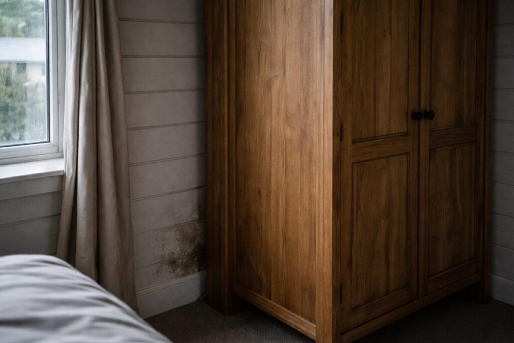 wardrobe pulled away from damp exterior wall in NZ bedroom