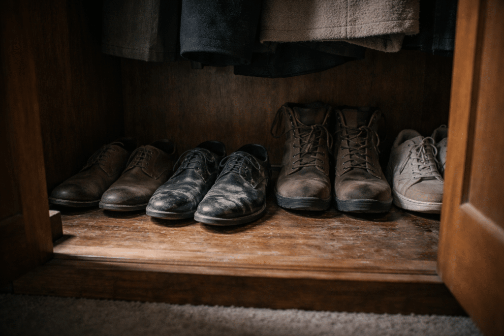 shoes stored on wardrobe floor in a damp NZ bedroom