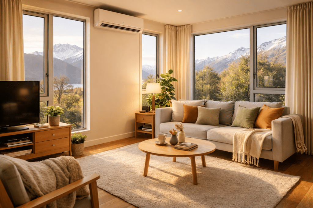 warm dry NZ living room with heat pump running effectively in winter