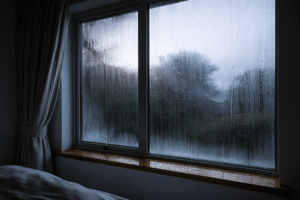 heavy morning condensation streaming down bedroom window in NZ home