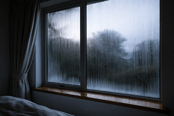 heavy morning condensation streaming down bedroom window in NZ home