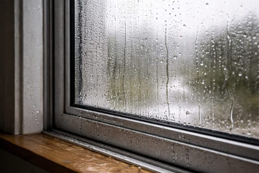 condensation droplets on aluminium window frame in a NZ home
