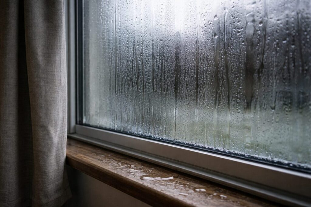 heavy winter condensation streaming down aluminium window in NZ home