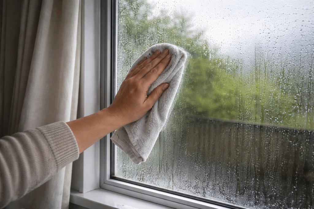 wiping morning condensation off bedroom window in NZ home