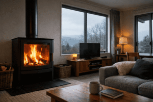 wood burner with flames in a New Zealand living room in winter