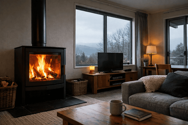 wood burner with flames in a New Zealand living room in winter
